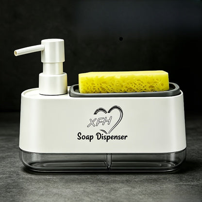 Distributeur de savon 2-en-1 avec porte-éponge intégré pour évier de cuisine – Distributeur à pompe pour comptoir pour savon à mains et vaisselle, distributeur de détergent, recharge facile, organisateur de cuisine idéal