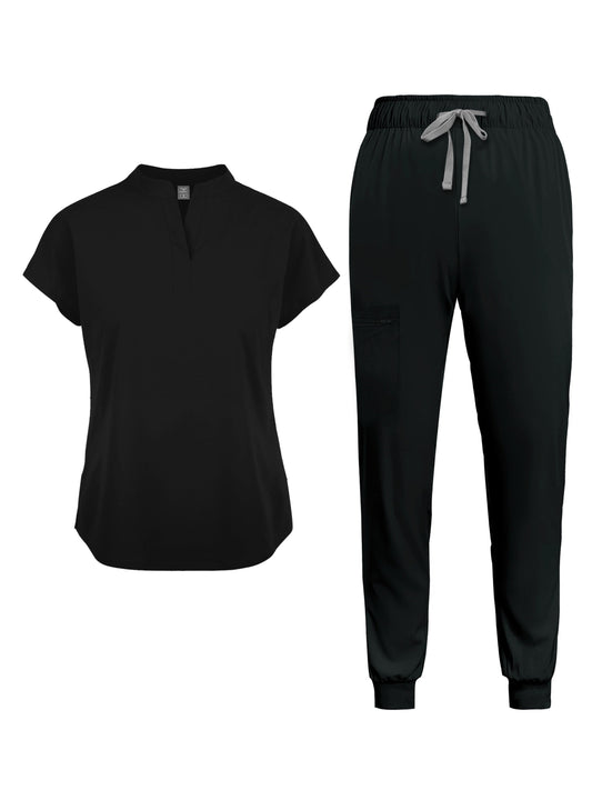 Women's Scrub Set with Pockets - Nurse Scrubs Short Sleeve Tunic and Pants, Mandarin Collar Solid Color Medical Uniform, All-Season Workwear for Nurses Dental Professionals S M L XL