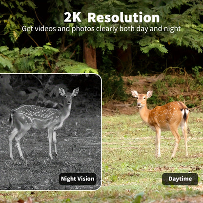 Caméra de chasse 4G sans Wi-Fi 2K 1440P à énergie solaire – Carte SIM intégrée, vision nocturne 23 m, déclenchement 0,2 s, batterie 7800 mAh, caméra de surveillance et de chasse extérieure sans fil pour zones isolées
