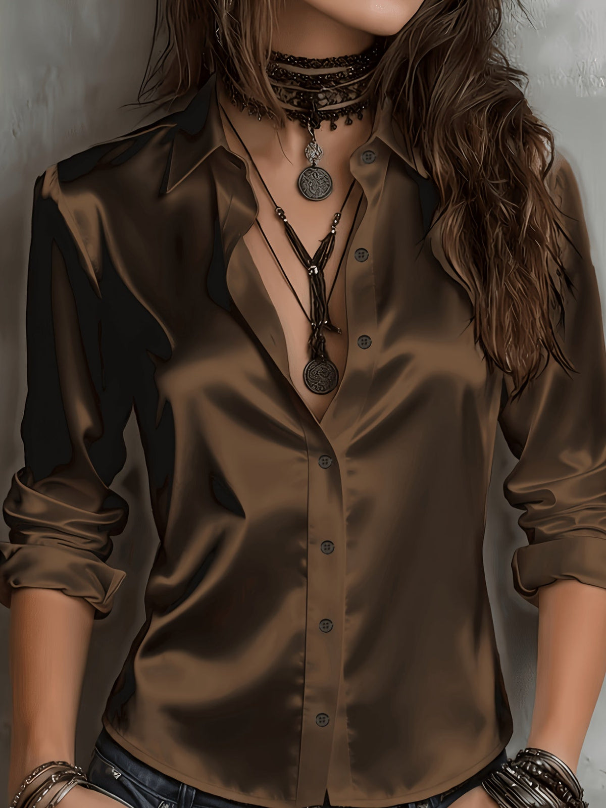 Chemisier élégant en satin pour femme, haut boutonné à l'aspect soyeux, idéal pour le travail, le bureau ou une tenue décontractée, toutes saisons, tailles S M L XL XXL