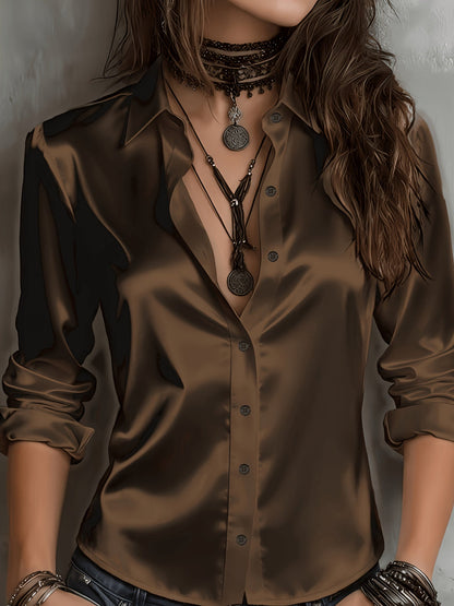 Chemisier élégant en satin pour femme, haut boutonné à l'aspect soyeux, idéal pour le travail, le bureau ou une tenue décontractée, toutes saisons, tailles S M L XL XXL