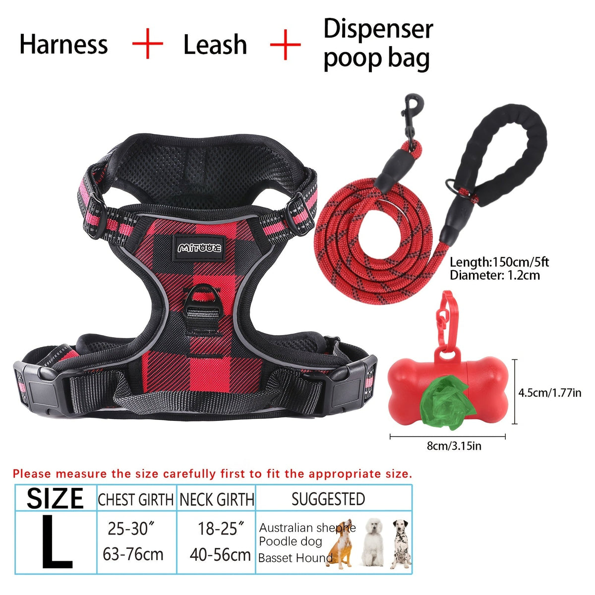 Ensemble harnais et laisse pour chien 4 pièces, gilet réfléchissant en Oxford anti-traction et anti-étranglement avec laisse, distributeur de sacs à déjections et poignée de contrôle facile, pour chiens moyens et grands, dressage et promenade en extérieur