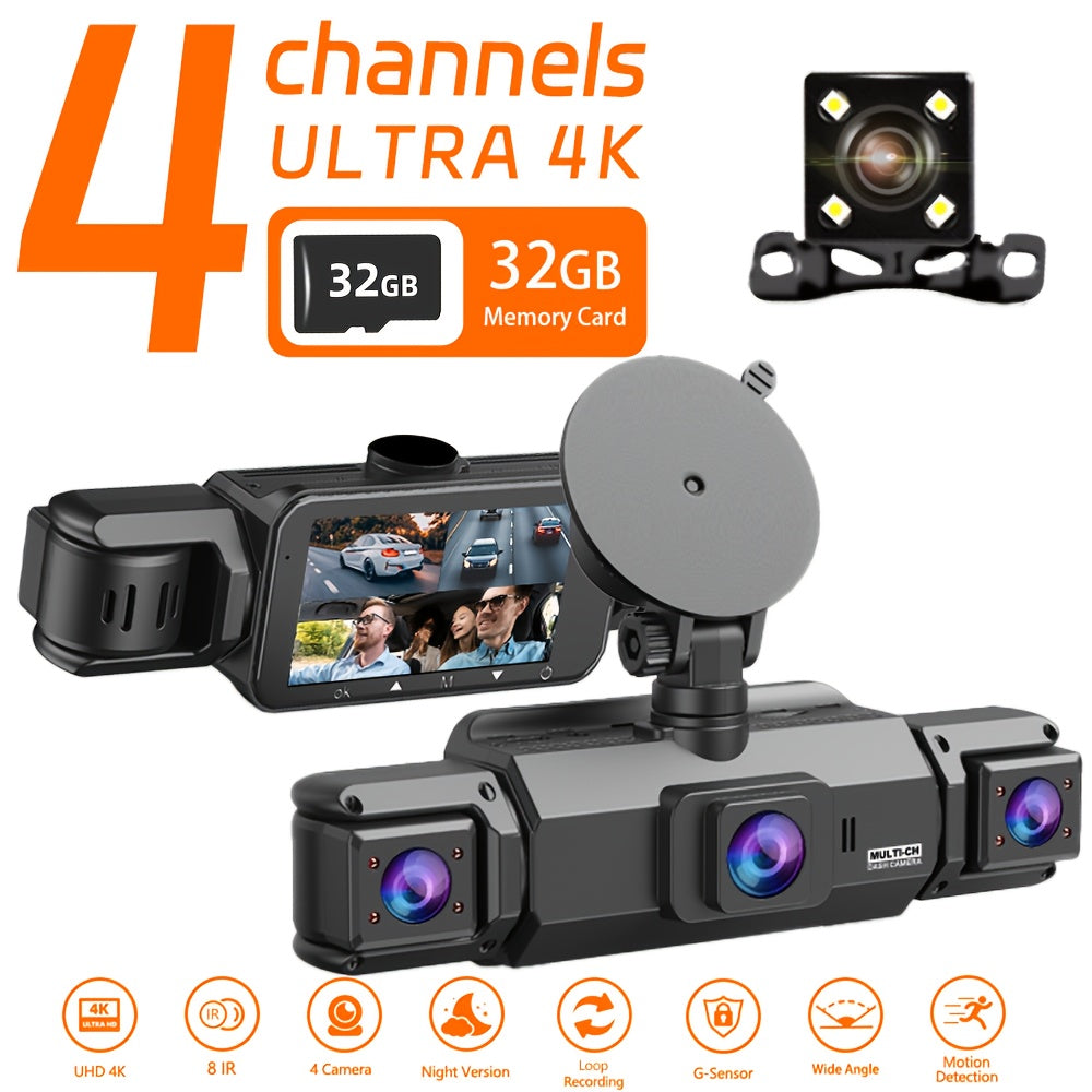 Dashcam 4K avec caméra rotative 360° à 4 canaux, carte SD 32 Go offerte, vision nocturne, enregistrement en boucle 24h/24, moniteur de stationnement, caméras avant 4K et latérales/arrière 1080p, pour tous véhicules