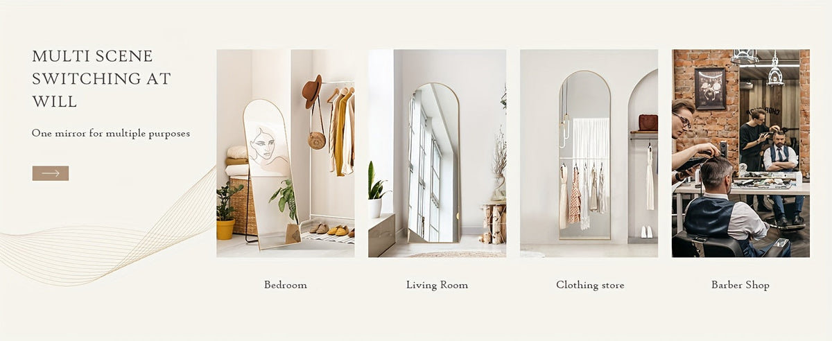 Miroir pleine longueur arqué avec support 64x21 / 59x16 pouces, miroir de sol en verre nano incassable avec cadre en alliage d'aluminium, miroir pleine longueur sur pied pour chambre, salon, vestiaire, décoration murale