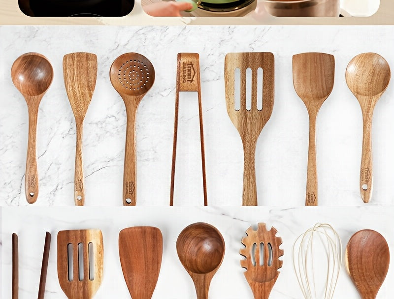 Ensemble d'ustensiles de cuisine en bois 3/5/7 pièces, cuillères, spatules, spurtle, louche et spatule à wok en bois naturel avec poignées ergonomiques, outils de cuisine robustes, résistants à la chaleur et sans danger pour les revêtements antiadhésifs