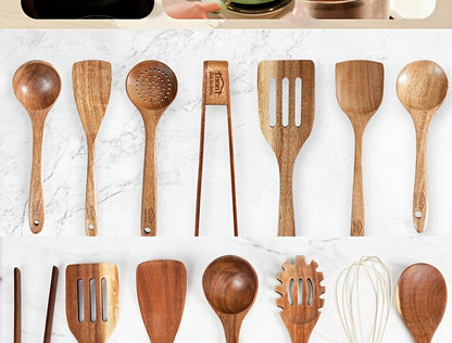 Ensemble d'ustensiles de cuisine en bois 3/5/7 pièces, cuillères, spatules, spurtle, louche et spatule à wok en bois naturel avec poignées ergonomiques, outils de cuisine robustes, résistants à la chaleur et sans danger pour les revêtements antiadhésifs