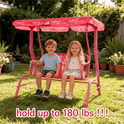 Balançoire de jardin pour enfants, 2 places, avec auvent réglable, ceintures de sécurité et structure en métal pour patio, cour, jardin ou balcon, 3 ans et plus, capacité de 82 kg