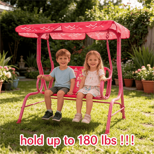 2-Seater Kids Outdoor Patio Swing Chair with Adjustable Sun Canopy Safety Belts Metal Stand Porch Swing Bench for Backyard Garden Balcony Ages 3+ 180 lbs Capacity