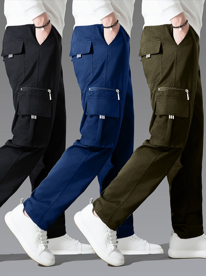 Lot de 3 pantalons cargo pour homme, coupe droite multipoches – Pantalon de randonnée en polyester tissé uni pour le printemps et l'automne, tailles S à XXXL, 9 combinaisons de couleurs