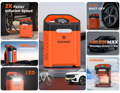 Compresseur d'air portable pour pneus – Gonflage rapide en 1 min, cycle de service 100 %, rechargeable par USB, affichage numérique, robuste pour pneus de voiture, vélos et ballons