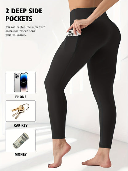 Pantalon de yoga grande taille pour femme avec poches – Legging chaud doublé en polaire taille haute pour l'automne et l'hiver, pantalon de sport moulant élastique, tailles 1XL-5XL en noir, gris, bordeaux et bleu marine