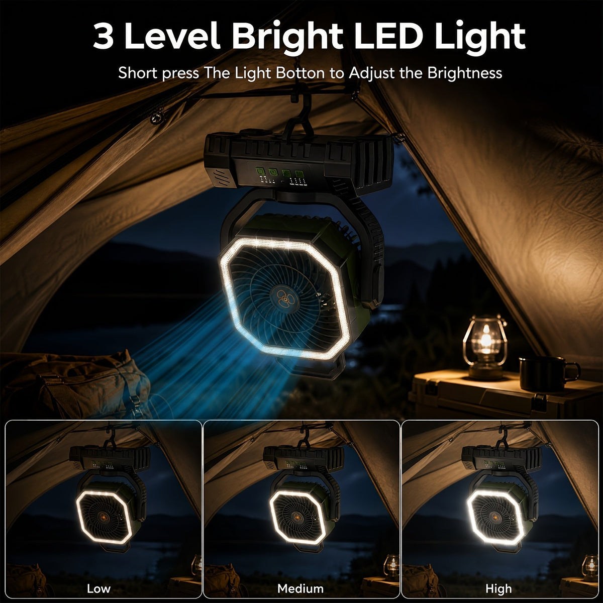 Ventilateur de camping 20000mAh avec télécommande, éclairage LED, oscillation, 4 vitesses, minuterie et batterie externe - Ventilateur de tente rechargeable pour le camping, le pique-nique, le barbecue et la pêche en plein air