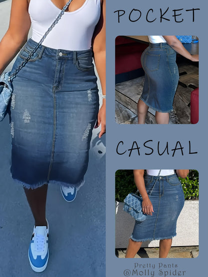 Jupe midi vintage taille haute en jean pour femme – Stretch, ourlet franc, aspect vieilli, lavable en machine, non transparente, bleu océan, tailles XS-XXL, jupe décontractée pour printemps, été et automne
