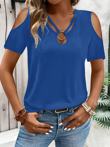 T-shirt femme à épaules dénudées et manches courtes, col rond uni en maille extensible, haut décontracté printemps-été, noir, blanc, bordeaux, bleu, vert olive, chocolat, S M L XL XXL