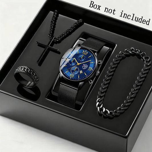 Coffret montre à quartz et bijoux pour homme, 4 pièces – Montre-bracelet décontractée et professionnelle en acier inoxydable avec affichage de la date, bracelet et collier, élégant coffret cadeau pour homme