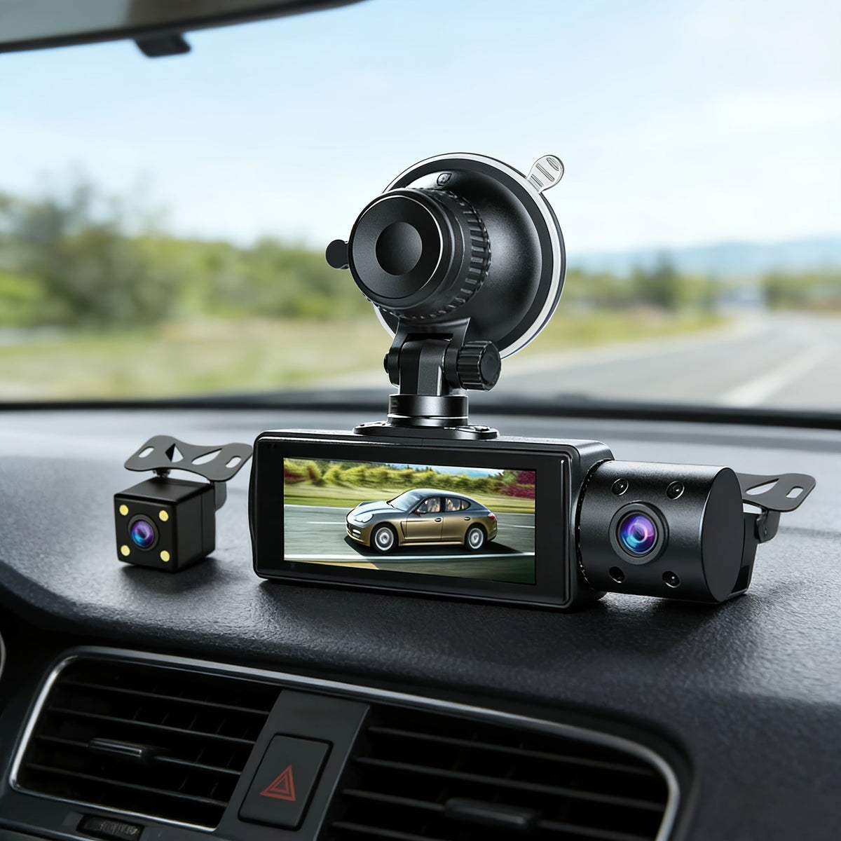 Dashcam 3 canaux avec vision nocturne infrarouge et application smartphone – Caméra avant, arrière et intérieure avec enregistrement en boucle, objectif grand angle, carte mémoire 64 Go/512 Go en option pour voitures, camions et covoiturage