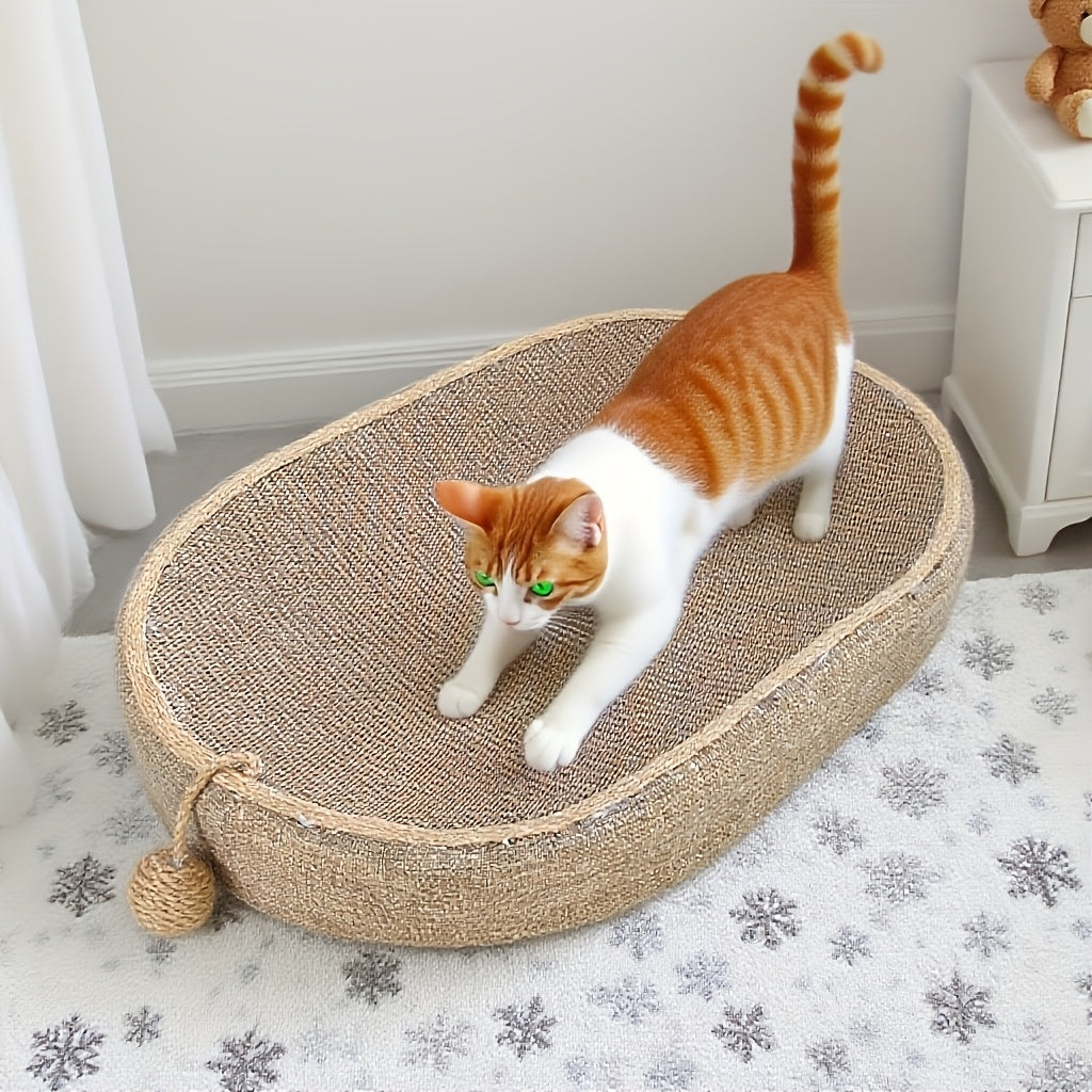 Grand griffoir et lit ovale en sisal pour chat – Tapis à gratter durable de 60 cm avec balle en sisal, aucun assemblage requis, griffoir toutes saisons pour que les chats d'intérieur puissent jouer, dormir et se reposer