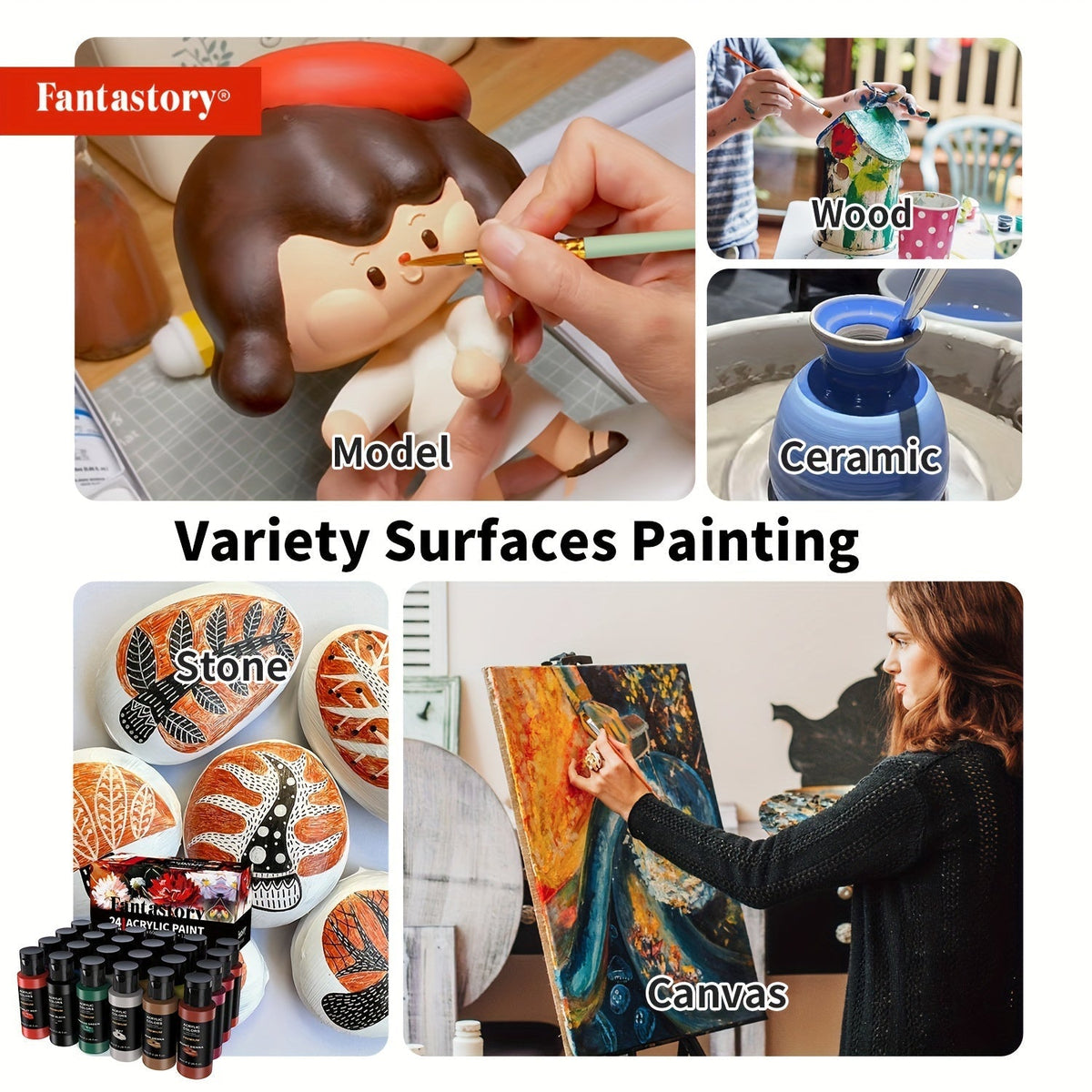 Ensemble de peinture acrylique professionnelle, 24 couleurs, grand format 60 ml, avec 12 pinceaux – Peintures acryliques riches en pigments et épaisses pour toile, bois, pierre, verre et céramique – Fournitures d'art pour débutants et artistes
