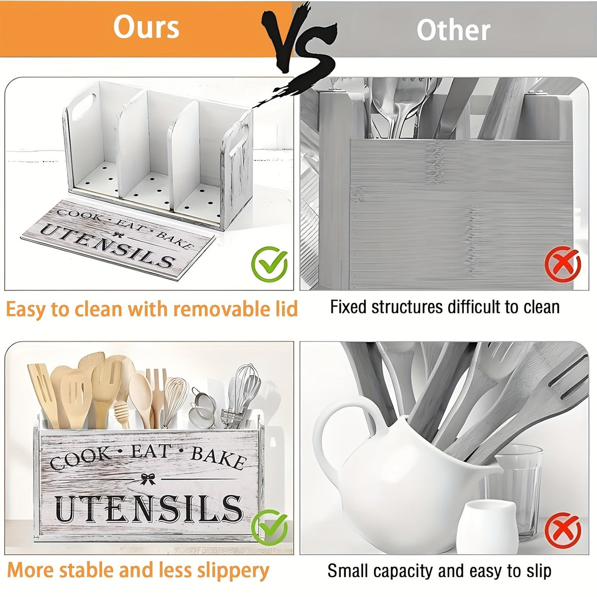 Organisateur d'ustensiles de cuisine rustique en bois avec poignée et 3 compartiments – Rangement pour comptoir ou mural pour outils de cuisine, de pâtisserie et de salle à manger – Rangement de cuisine style ferme en blanc et noir