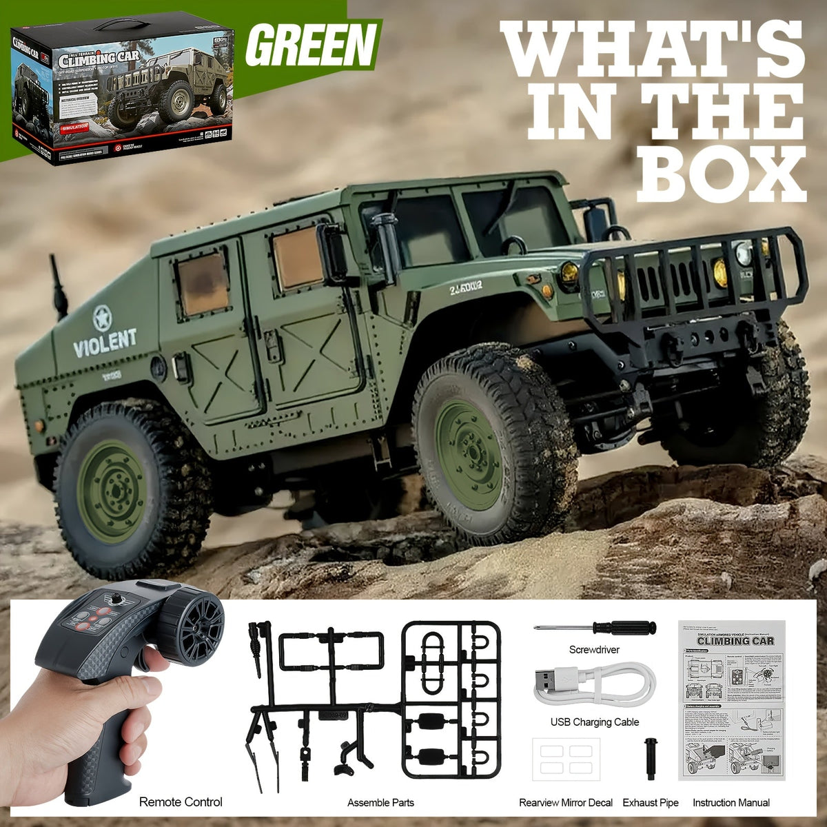 Véhicule militaire tout-terrain radiocommandé à échelle réelle C8835 pour adultes - Transmission proportionnelle, vitesse variable, franchissement, éclairage LED multi-modes, 5 portes ouvrantes, accessoires de mitrailleuse et treuil en option