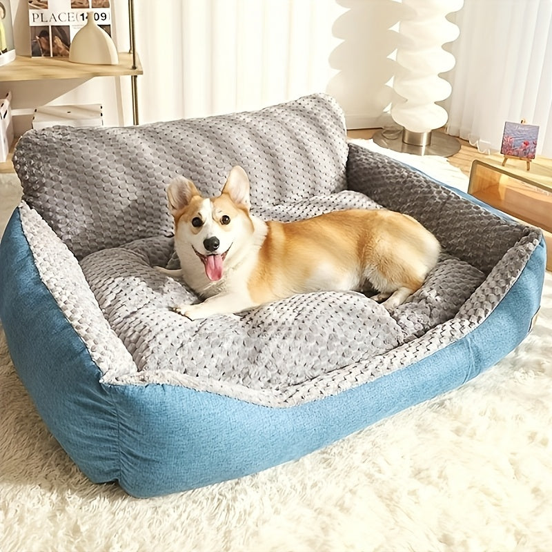 Canapé-lit de luxe en peluche pour animaux avec dossier haut – Panier pour chiens et chats épais, chaud et lavable, confort toutes saisons, housse facile à nettoyer, tailles S L XL, bleu gris