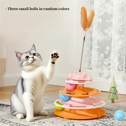 Jouet carrousel pour chat avec plume et balle rotative - Plateau tournant interactif pour chat d'intérieur, jouet stimulant anti-ennui, aucune pile requise, 3 couleurs : vert clair, bleu, rose