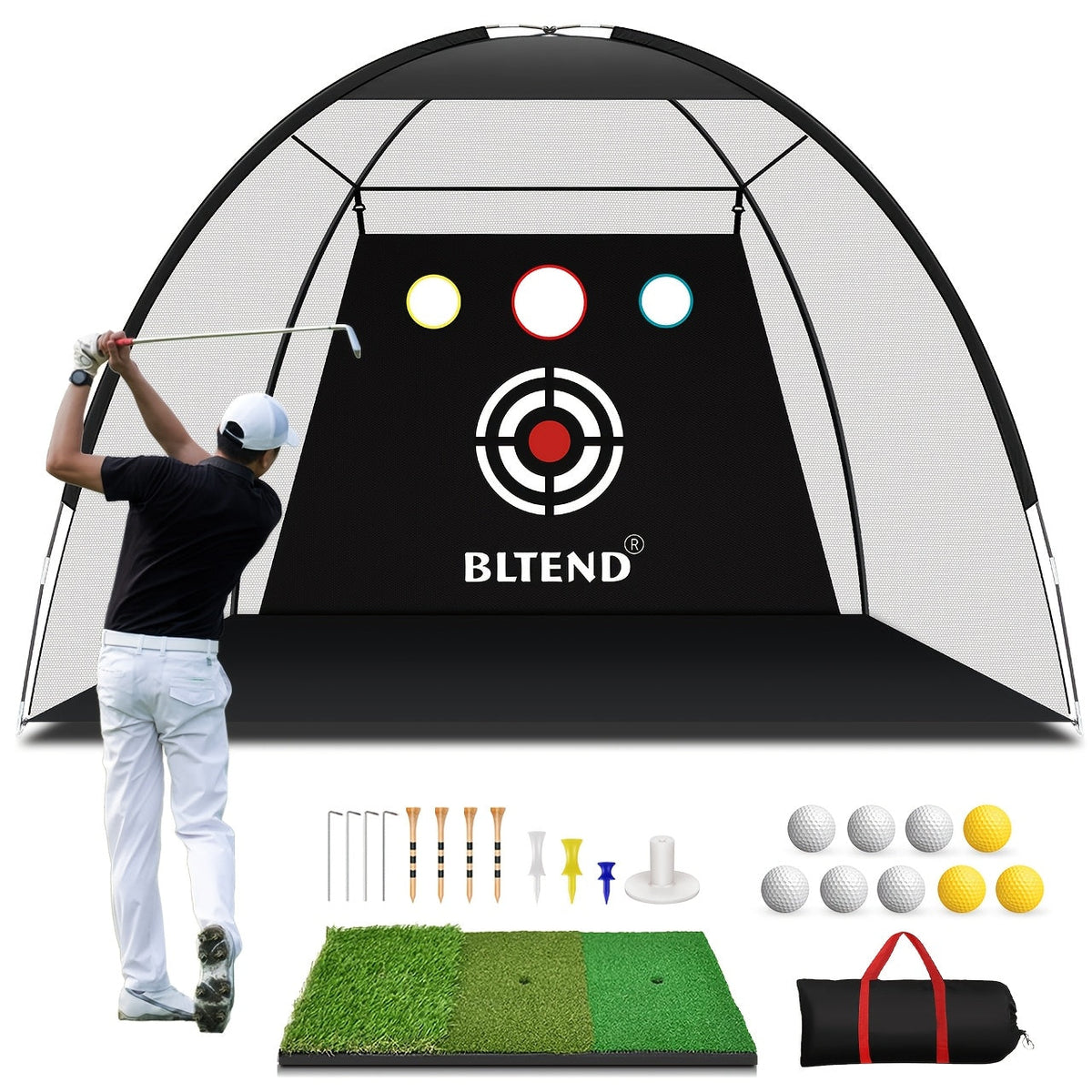 Filet de pratique de golf 10x7 pi avec tapis, balles, tees et sac de transport – Filet de frappe robuste pour jardin, sous-sol et usage intérieur/extérieur, équipement d'entraînement de golf, cadeau pour hommes et femmes