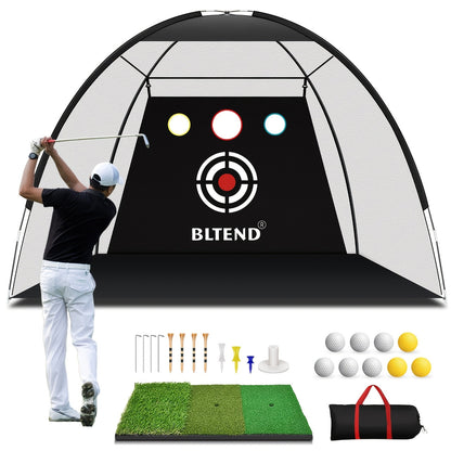 Filet de pratique de golf 10x7 pi avec tapis, balles, tees et sac de transport – Filet de frappe robuste pour jardin, sous-sol et usage intérieur/extérieur, équipement d'entraînement de golf, cadeau pour hommes et femmes