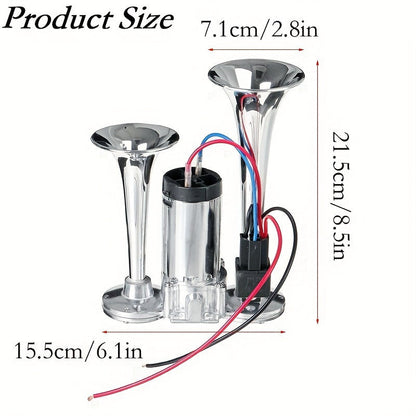 Kit de klaxon à air double super puissant 12V 24V avec compresseur d'air 105-137 dB, klaxon électrique universel en alliage d'aluminium pour camion, train, voiture, SUV, moto, bateau et pick-up