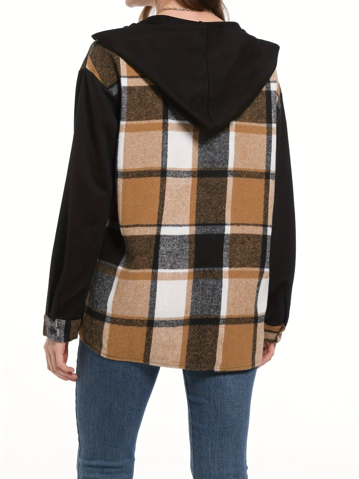 Veste à capuche à carreaux pour femme, épaules tombantes, poche plaquée tissée, vêtement d'extérieur décontracté, 100 % polyester, suédine, PU, noir et blanc, S, M, XXL