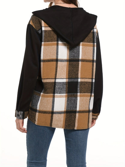 Veste à capuche à carreaux pour femme, épaules tombantes, poche plaquée tissée, vêtement d'extérieur décontracté, 100 % polyester, suédine, PU, noir et blanc, S, M, XXL