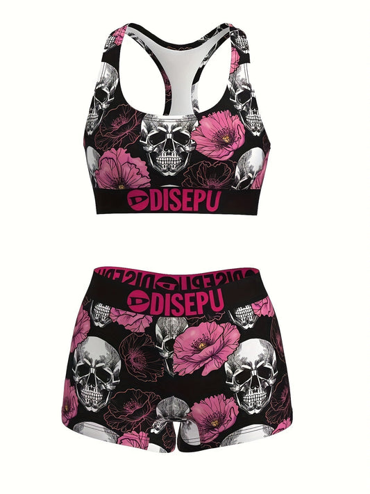 Women's Skull Pink Flower Print Sports Bra and Shorts Set - 2 Piece Gothic Floral High Stretch Activewear for Gym Yoga Running Halloween Workout, Breathable Athletic Outfit Sizes S-XXL