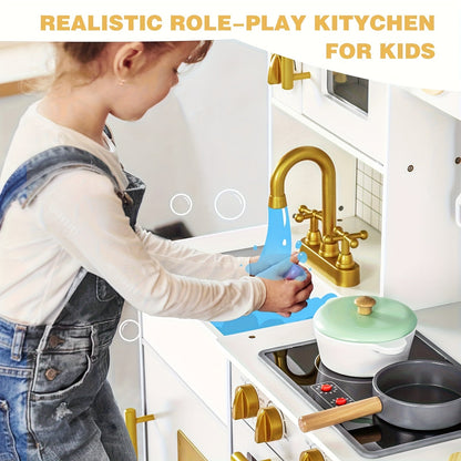 Cuisine jouet en bois pour enfants avec ustensiles et accessoires – Ensemble de cuisine réaliste avec lumières LED, sons, micro-ondes, évier et design spacieux de 95 cm pour garçons et filles de 3 à 8 ans