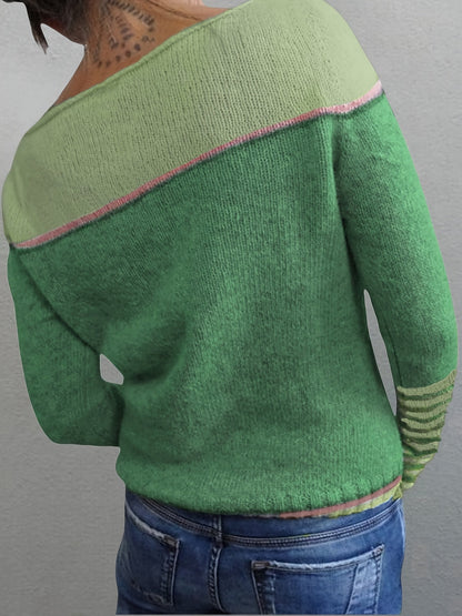 Pull en maille asymétrique pour femme à rayures et blocs de couleurs, manches longues, encolure large épaules dénudées, haut décontracté chic pour printemps et automne, gris bleu vert violet S-XL