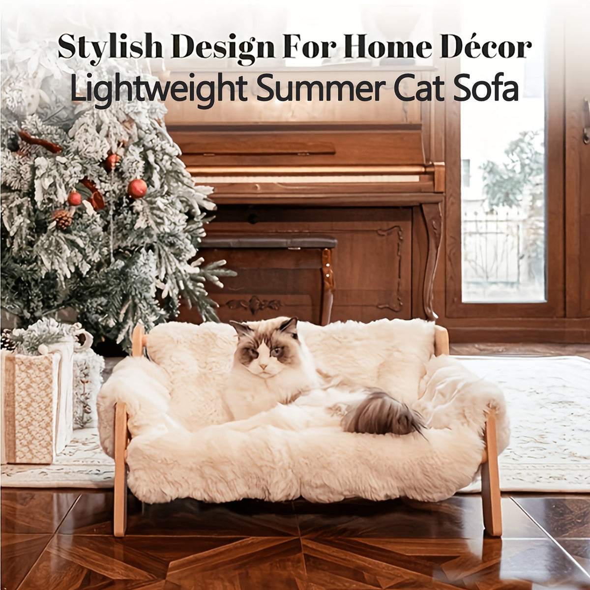 Canapé-lit surélevé pour animaux, fauteuil de repos pour chien et chat en bois massif avec tapis en bambou, meuble moderne pour petits et moyens chiens et chats, robuste et élégant, gris et blanc