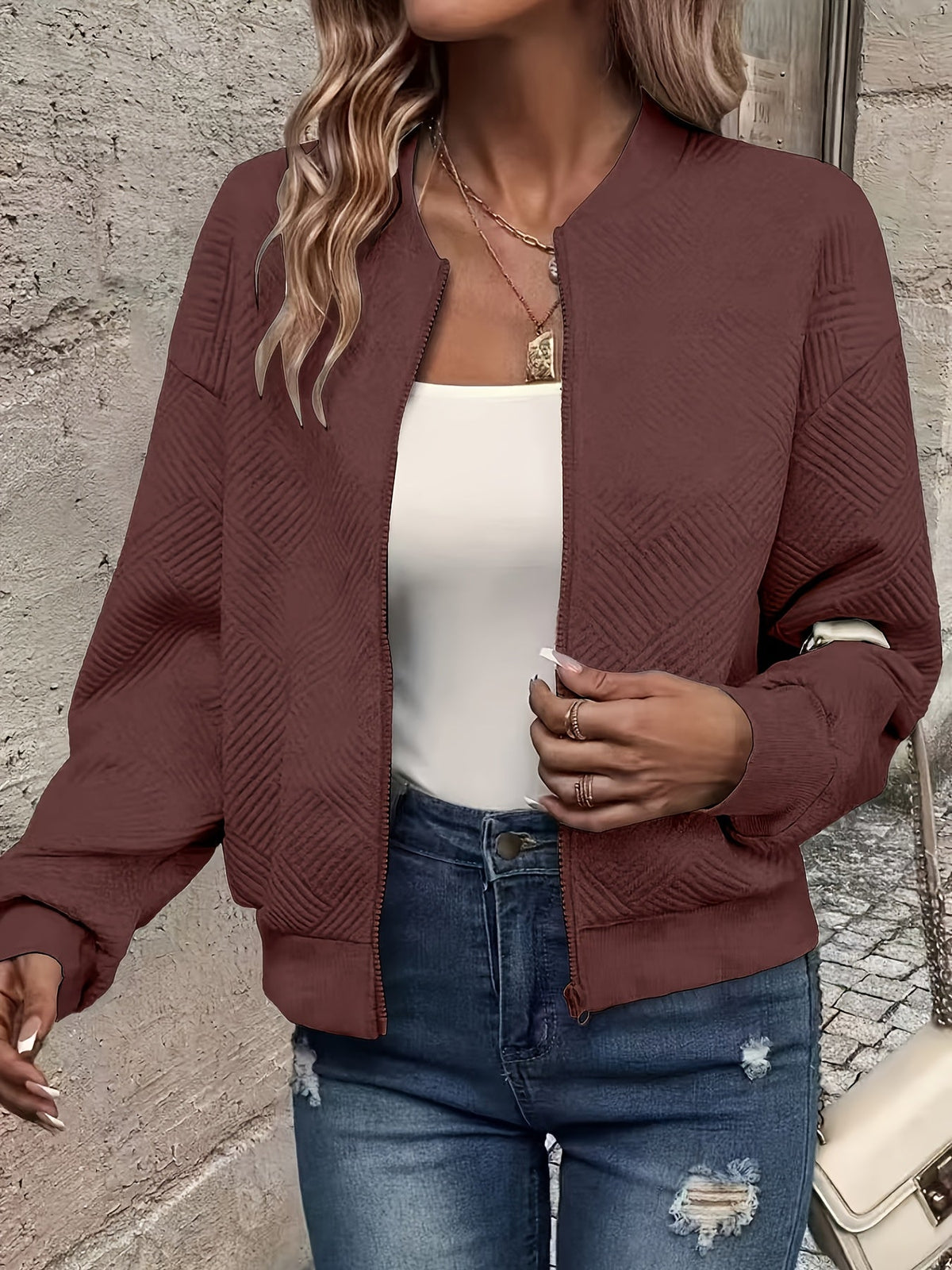 Veste zippée style baseball pour femme - Vêtement d'extérieur décontracté de couleur unie | Manteau sportif doublé en polyester avec bords-côtes, nouveauté mode automne-printemps