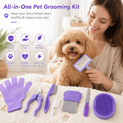 Kit de 8 peignes de toilettage pour chiens, chats et petits animaux - Kit complet d'entretien pour poils longs et courts, peignes multifonctions pour tous les types de pelage, essentiel pour le toilettage à domicile (violet)