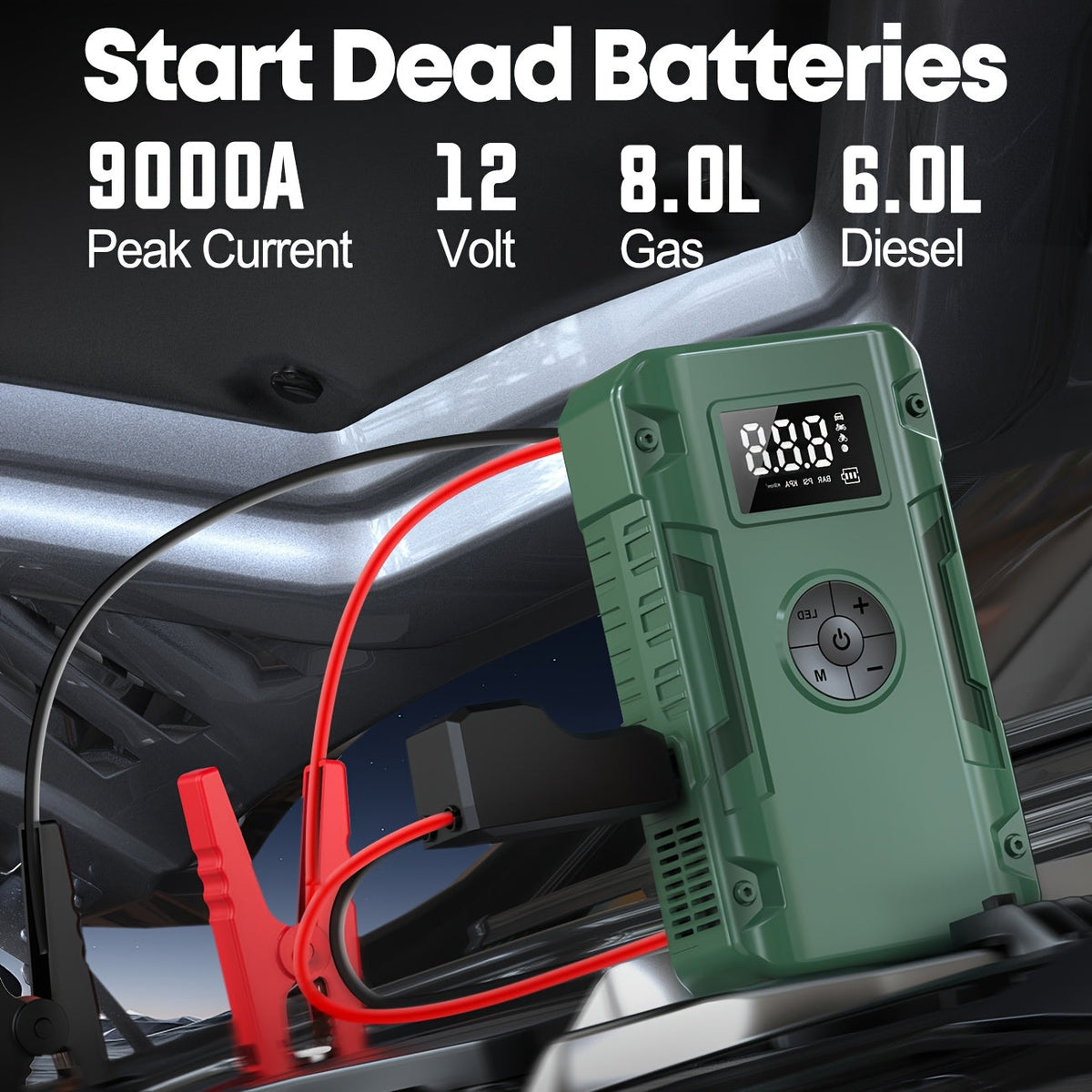 Démarreur de batterie 10000A 7-en-1 avec compresseur d'air 150PSI – Booster de batterie portable pour moteurs essence et diesel, pompe haute pression, kit d'urgence pour véhicule, batterie externe