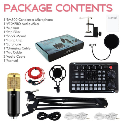 Kit d'enregistrement avec microphone à condensateur et carte son BM800 – Pack studio à domicile pour podcasting, streaming, voix off et musique, compatible avec PC, smartphone et tablette, plusieurs modèles disponibles