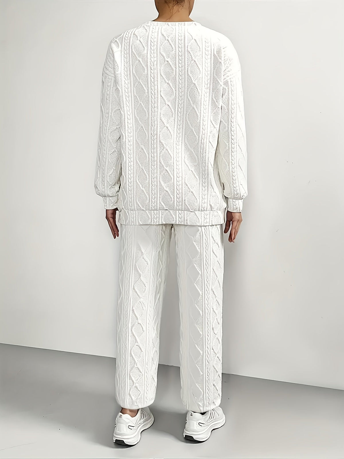 Ensemble survêtement 2 pièces pour femme – Haut à manches longues et col rond en jacquard texturé et pantalon de jogging, tenue de détente décontractée et respirante pour le printemps et l'été S-XXL