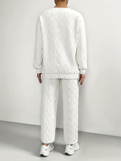 Ensemble survêtement 2 pièces pour femme – Haut à manches longues et col rond en jacquard texturé et pantalon de jogging, tenue de détente décontractée et respirante pour le printemps et l'été S-XXL
