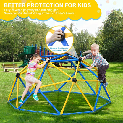 Dôme d'escalade d'extérieur de 6 pieds pour enfants, structure de jeu de jardin avec cadre en acier inoxydable résistant aux intempéries, capacité de 600 lb, centre d'activités sécurisé, cadeau pour garçons et filles de 3 à 10 ans, jaune et bleu