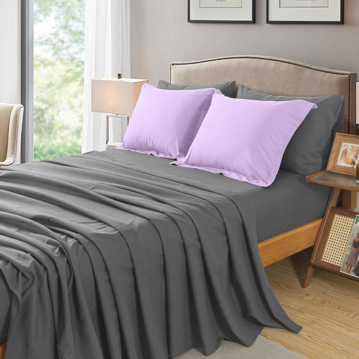 Ensemble de literie 7 pièces pour lit Queen/King – Parure de lit en microfibre douce à plis pincés, comprenant une couette, un drap-housse, un drap plat et 4 taies d'oreiller, ensemble de literie toutes saisons pour la maison et le dortoir