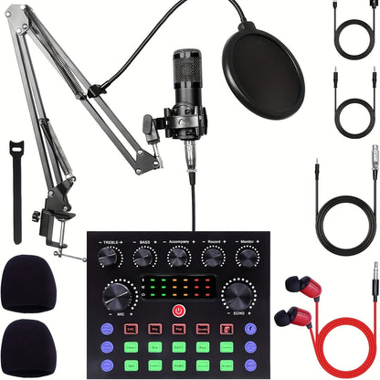 Kit d'enregistrement avec microphone à condensateur et carte son BM800 – Pack studio à domicile pour podcasting, streaming, voix off et musique, compatible avec PC, smartphone et tablette, plusieurs modèles disponibles