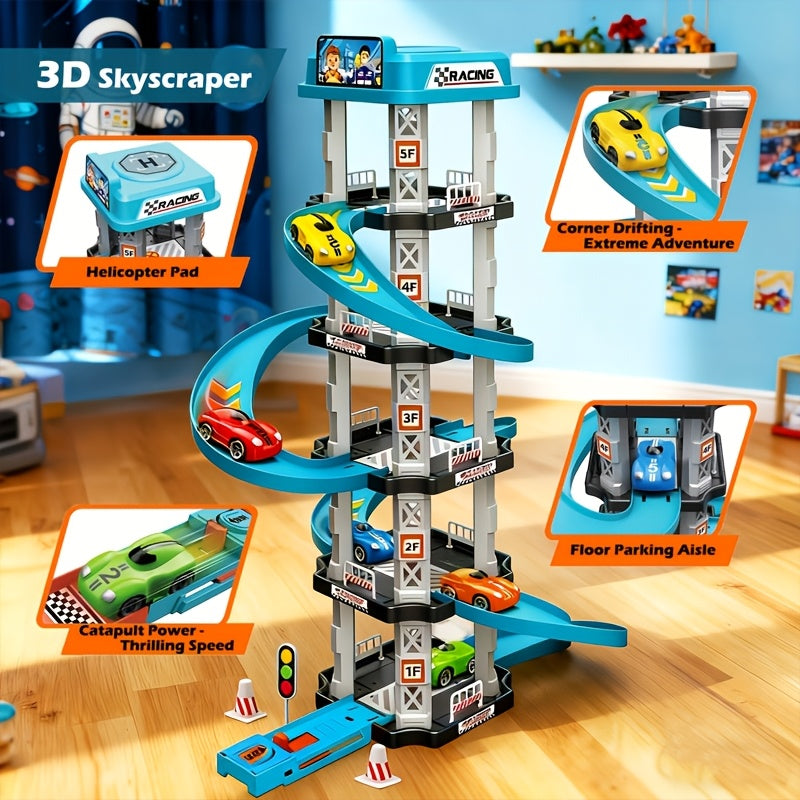 Garage de stationnement 5 étages, 62 pièces, circuit de course 3D multi-niveaux avec 2 voitures, lanceurs à éjection, pistes de drift, héliport, station-service, jouet STEM à assembler pour anniversaire ou cadeau de nouvel an pour garçons et enfants
