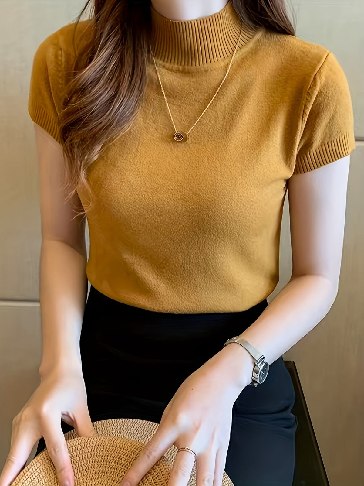 Pull à manches courtes et col montant en fibre glacée pour femme | Haut en maille fine rafraîchissant et léger, tenue décontractée et polyvalente pour l'été