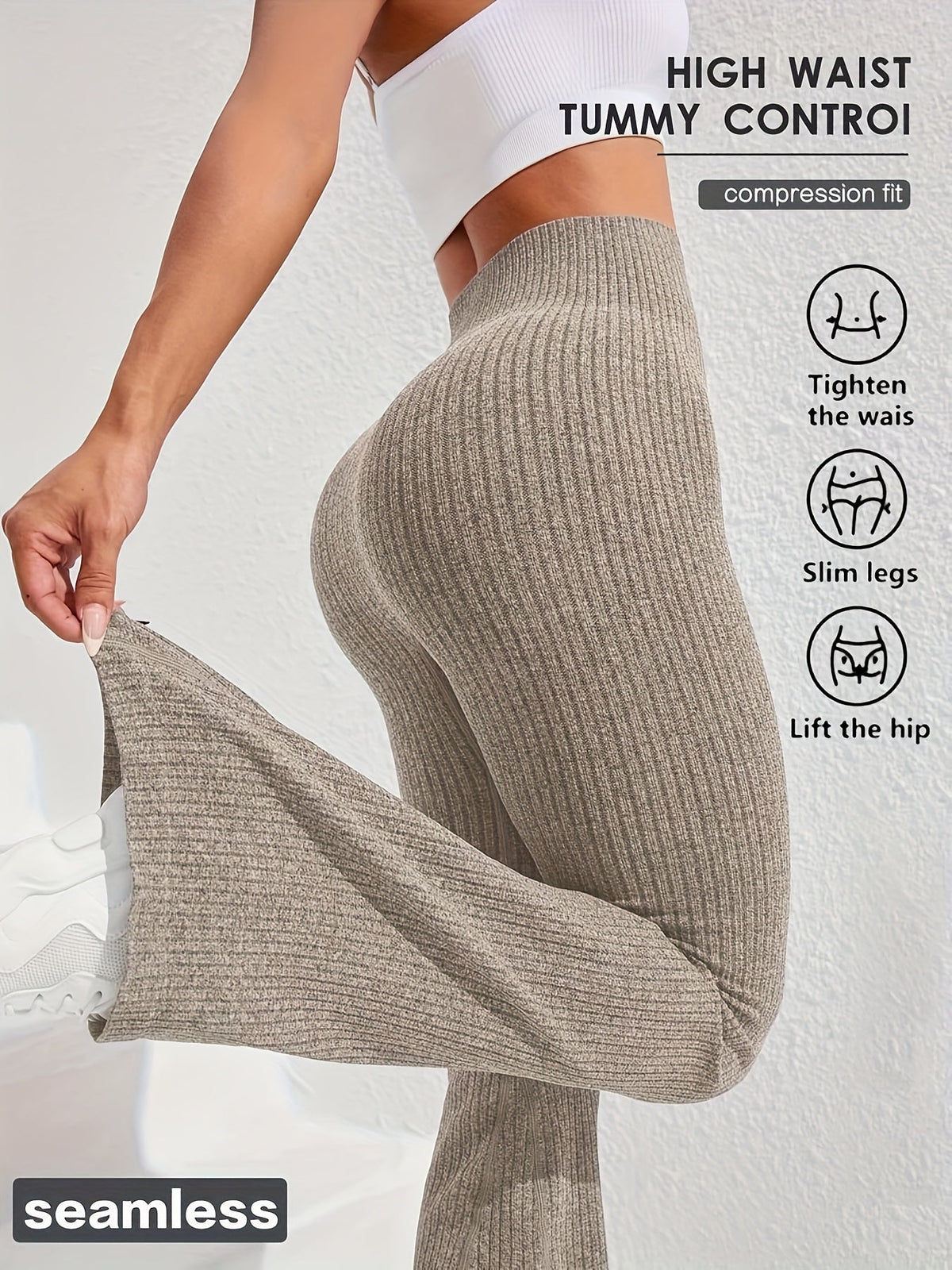 Pantalon évasé taille haute pour femme, gainant, texturé en maille côtelée large, extensible, pour yoga, fitness, course à pied ou décontracté, XS-L, 4 couleurs