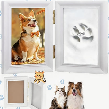 Cadre photo pour empreinte de patte d'animal avec kit de moulage en argile - Cadre souvenir pliable à poser pour chiens et chats, cadeau personnalisé pour premier anniversaire ou hommage après la perte d'un animal (Blanc/Noir/Bois)