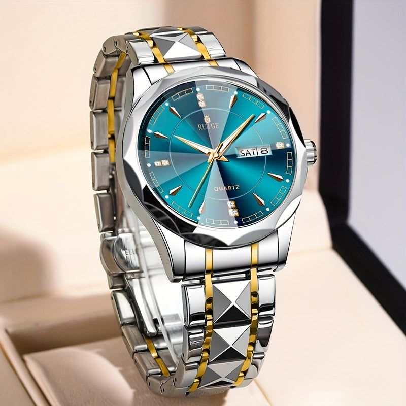Montre à quartz pour homme RUIGE – Veilleuse, double calendrier, cadran à facettes façon diamant, boîtier en acier inoxydable, bracelet en alliage, montre-bracelet business décontracté, cadeau idéal pour la fête des pères