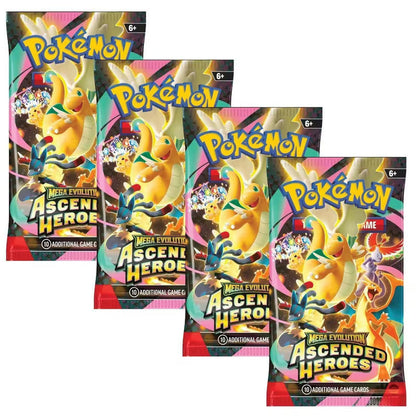 Lot de 4 boosters Pokémon JCC Écarlate et Violet Mega Evolution Ascended Heroes scellés – 40 cartes au total – Méga Dracolosse-ex, Pokémon-ex Téra Stellaire – Cartes JCC authentiques pour collectionneurs et joueurs